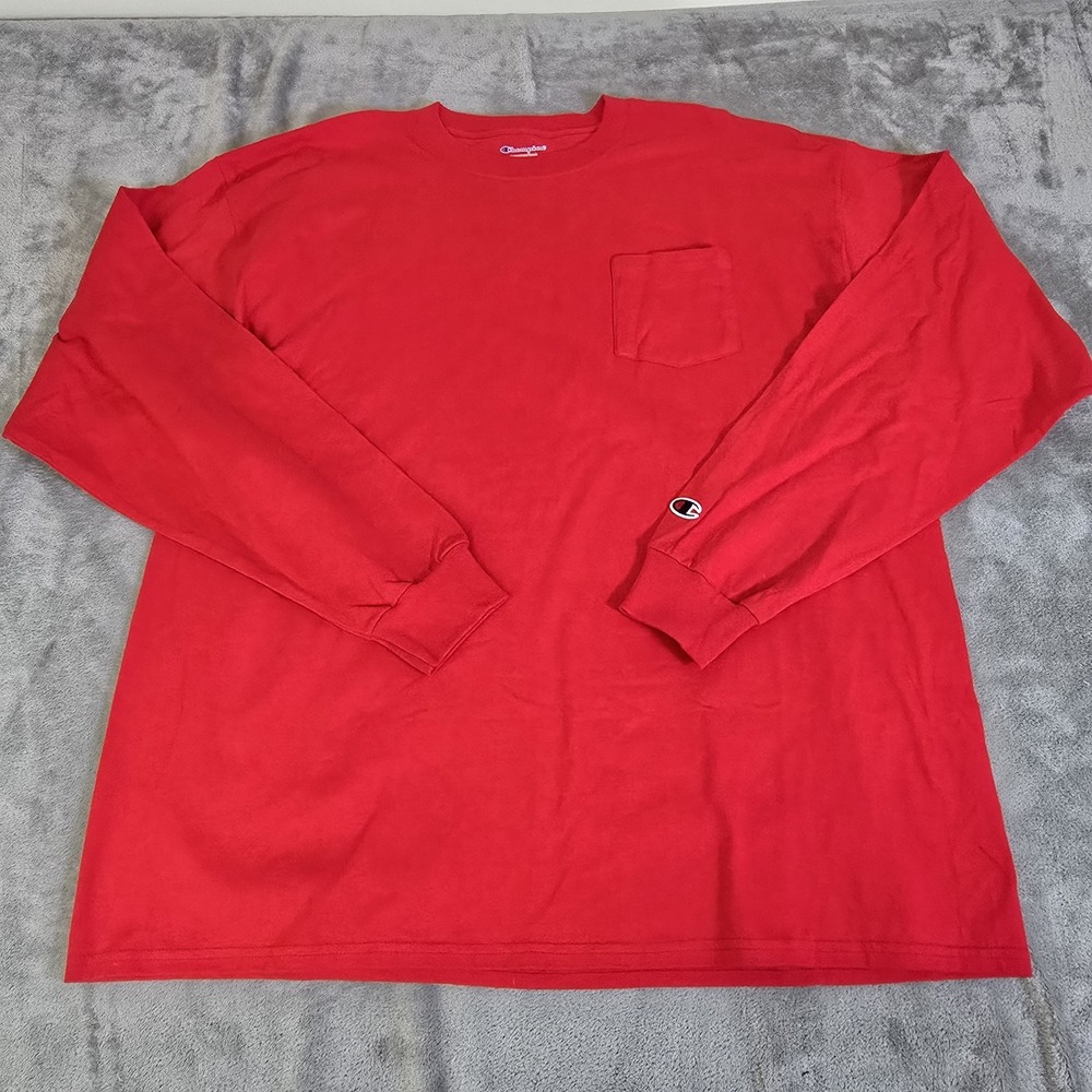 Champion Shirt Mens 2XL Red Long Sleeve Pocket Tee Crewneck Pullover Casual - Picture 1 of 6